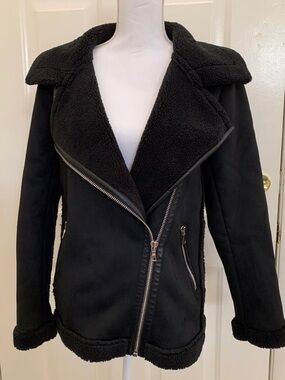 Black Faux Shearling Moto Jacket - Women